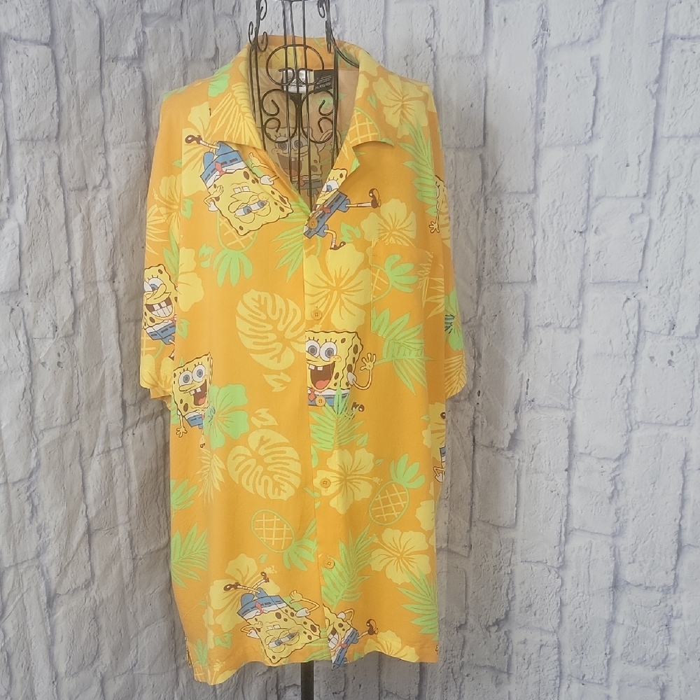 SpongeBob SquarePants Hawaiian Shirt XXL Yellow Cartoon Button Up‎